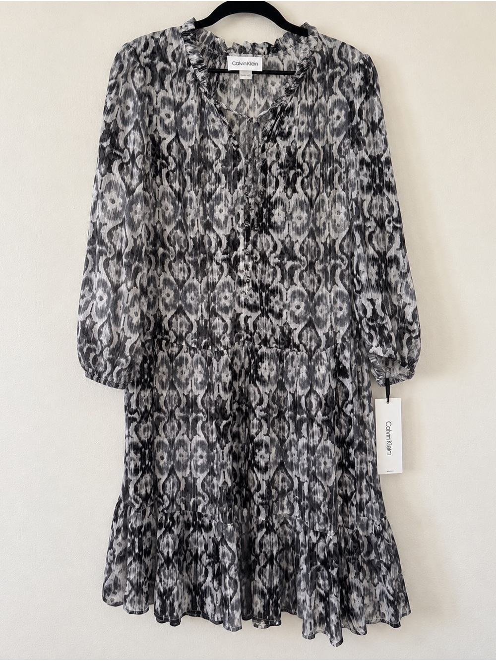 NWT Calvin Klein 18W Black Gray Abstract Ruffle Tiered Midi Dress